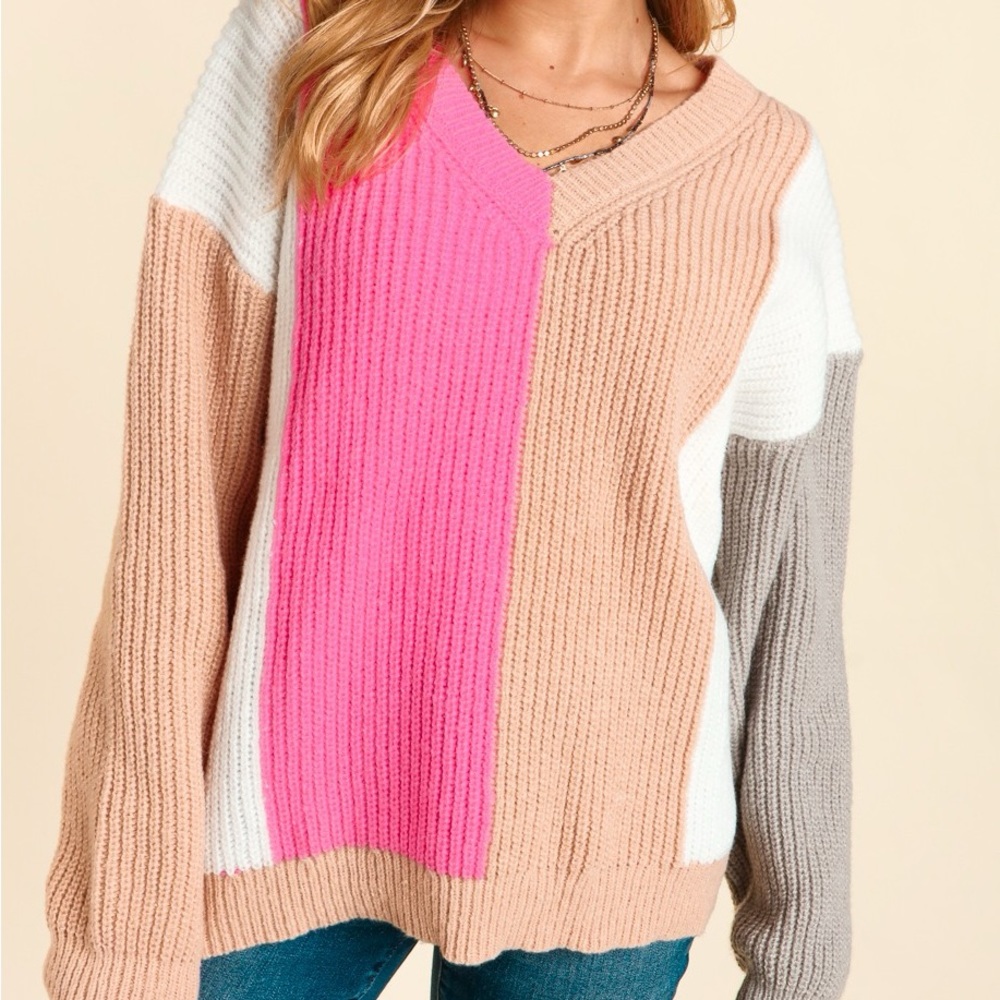 Color Block Knit V-Neck Pullover Relaxed Fit Sweater, Pink/Gray/Tan/White, S-M-L - Picture 2 of 10